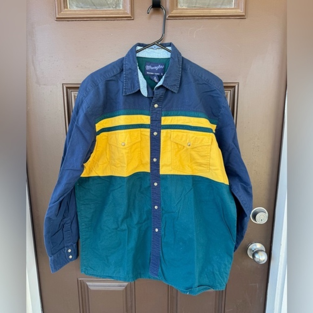 Vintage Wrangler Pearl Snap Button Up color block Shirt Western Cowboy Ranch